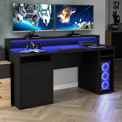 BETA 2 Drawer Black Gaming Desk with LED Lighting & Hutch - FurniComp