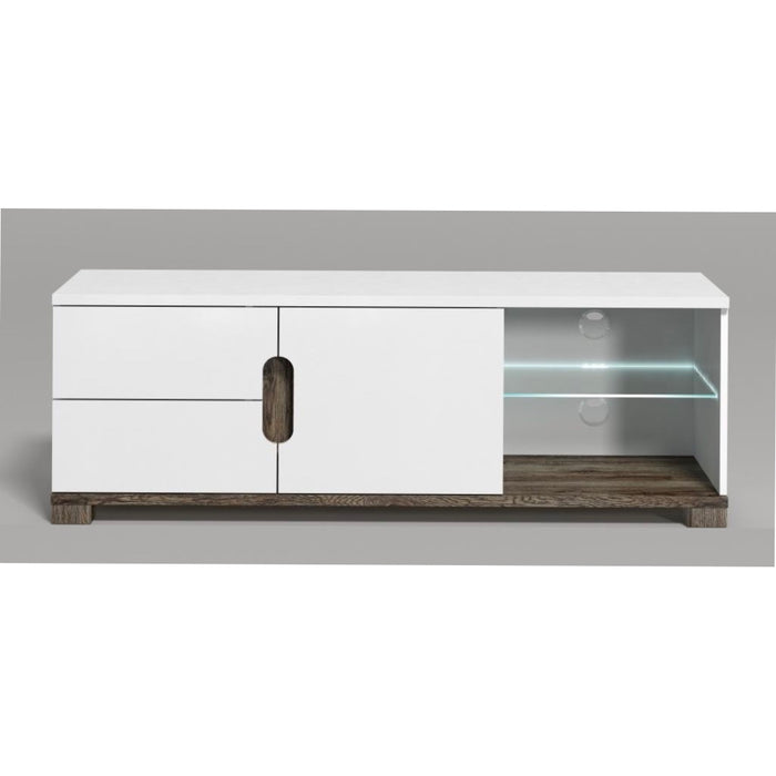 Berlin White Gloss and Oak Effect TV and Media Unit With LED Lights - FurniComp