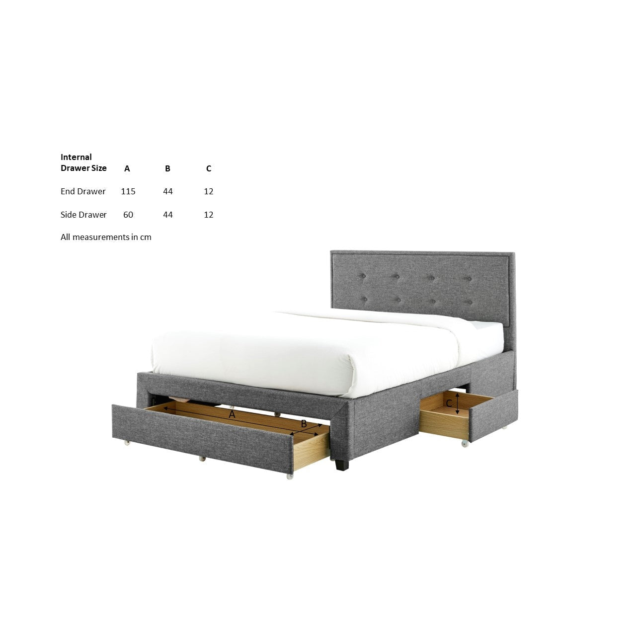 Bexley 3 Drawer Grey Fabric Bed Frame - FurniComp