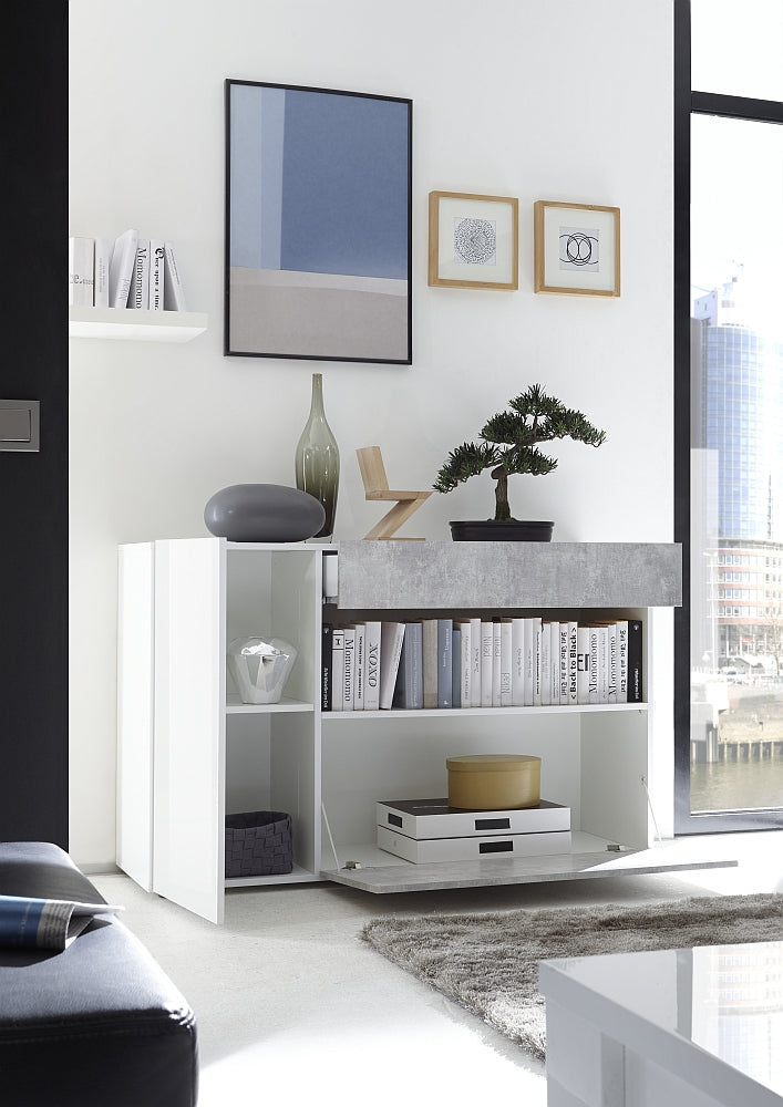 Biella 2 Door 1 Drawer White Gloss and Grey Sideboard - FurniComp