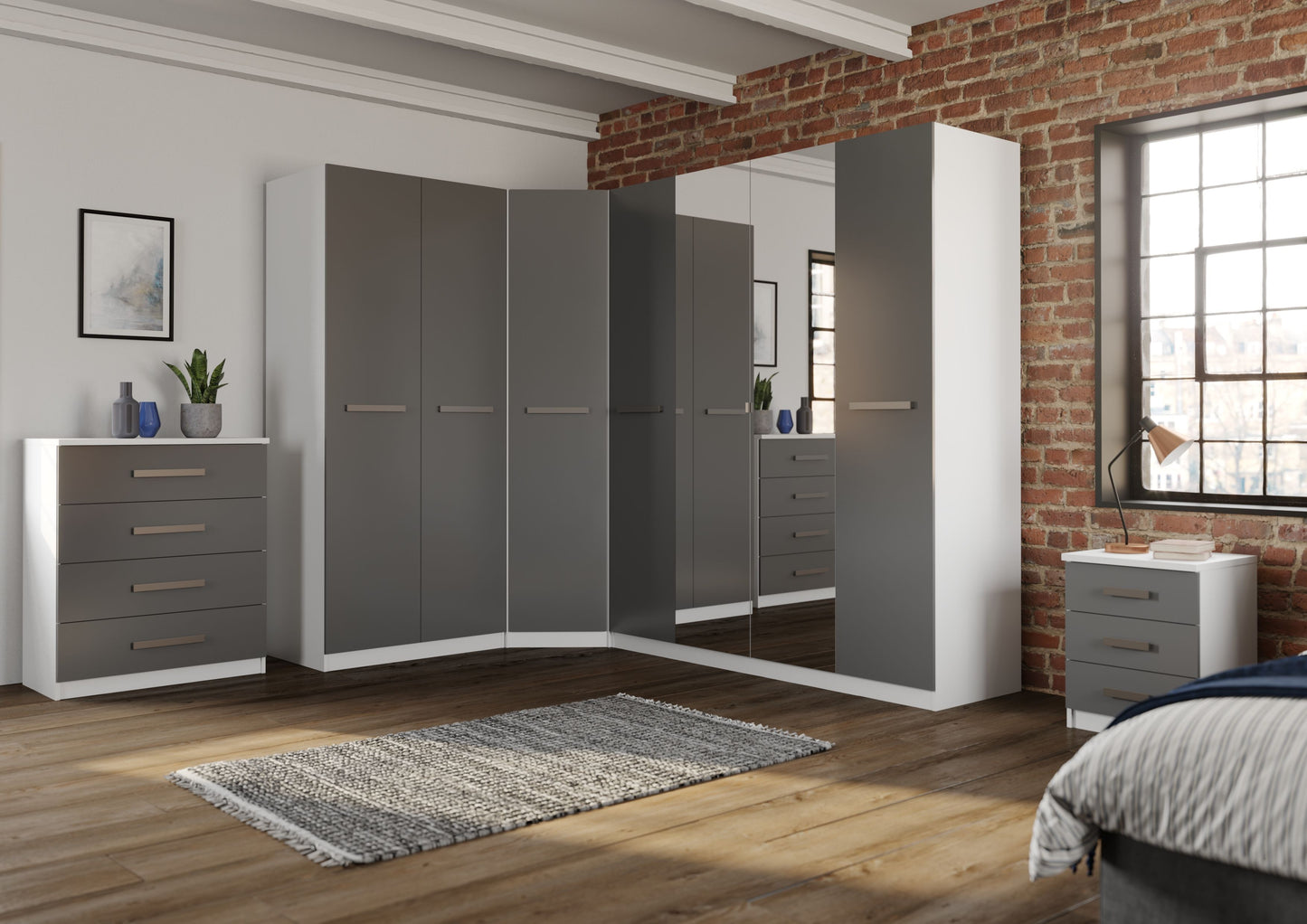 Brooke High Gloss Grey and White 4 Door Mirrored Wardrobe - FurniComp