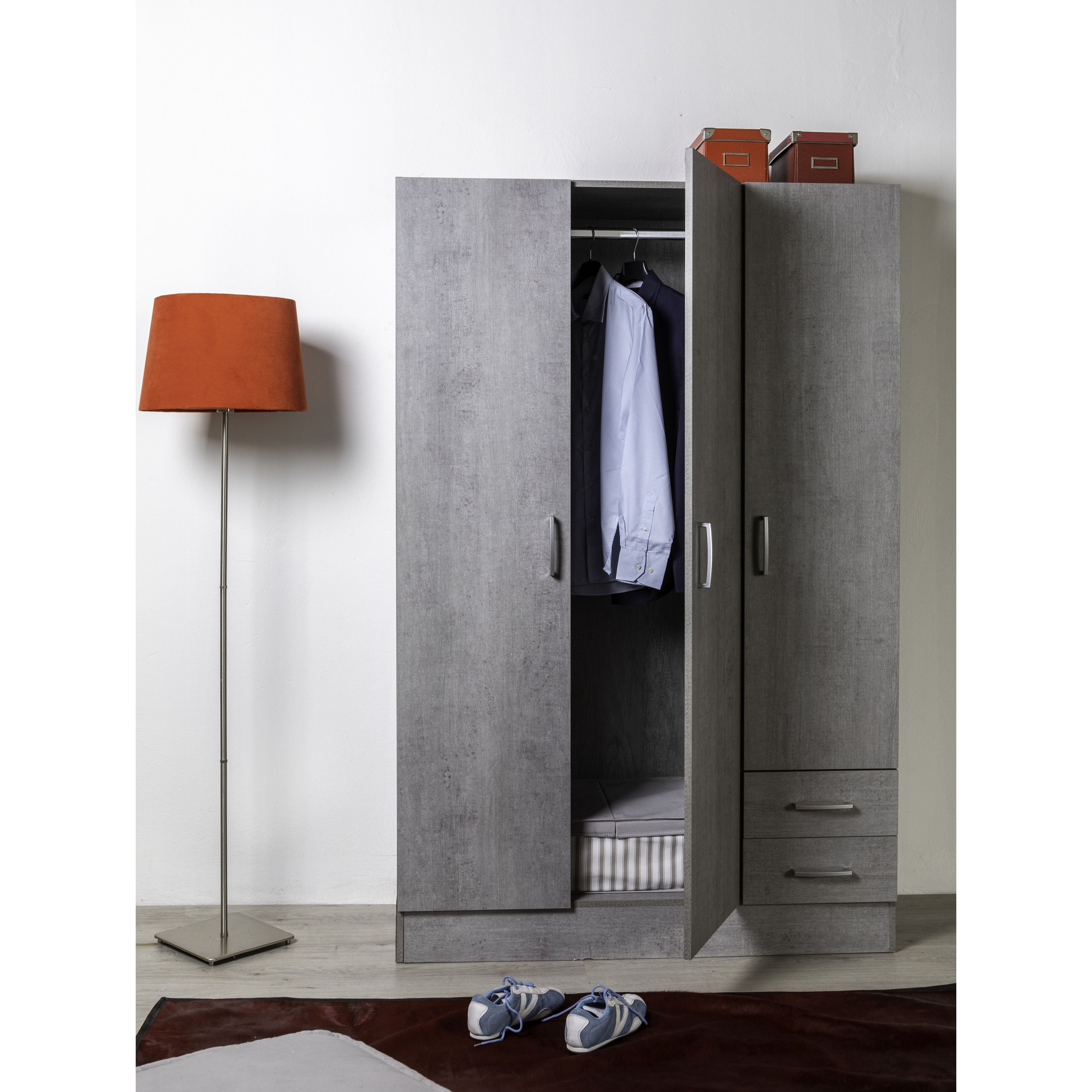 Capri 3 Door 2 Drawer Concrete Grey Wardrobe - FurniComp