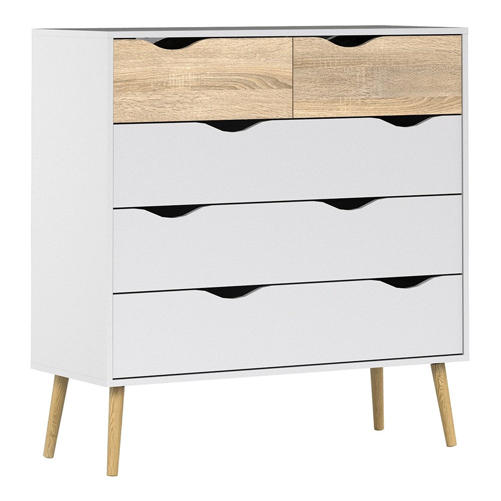Copenhagen 5 Drawers (2+3) White and Oak Chest of Drawer - FurniComp