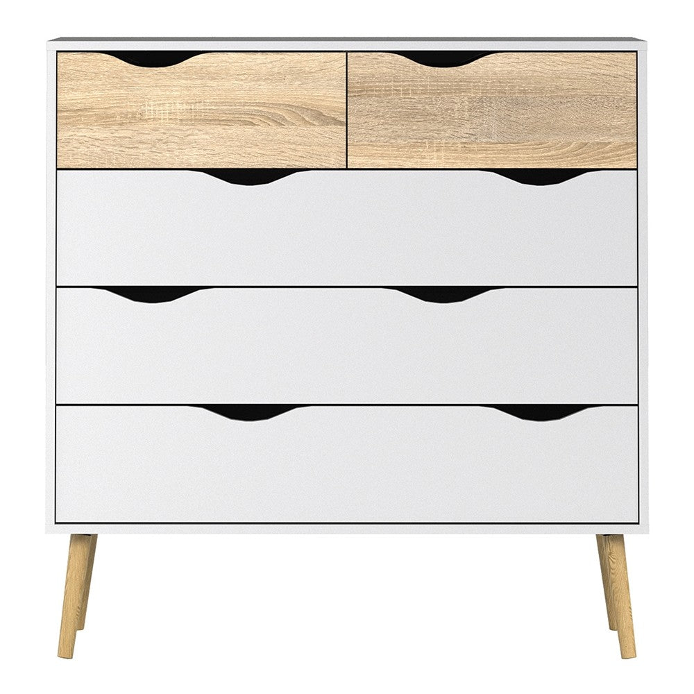 Copenhagen 5 Drawers (2+3) White and Oak Chest of Drawer - FurniComp