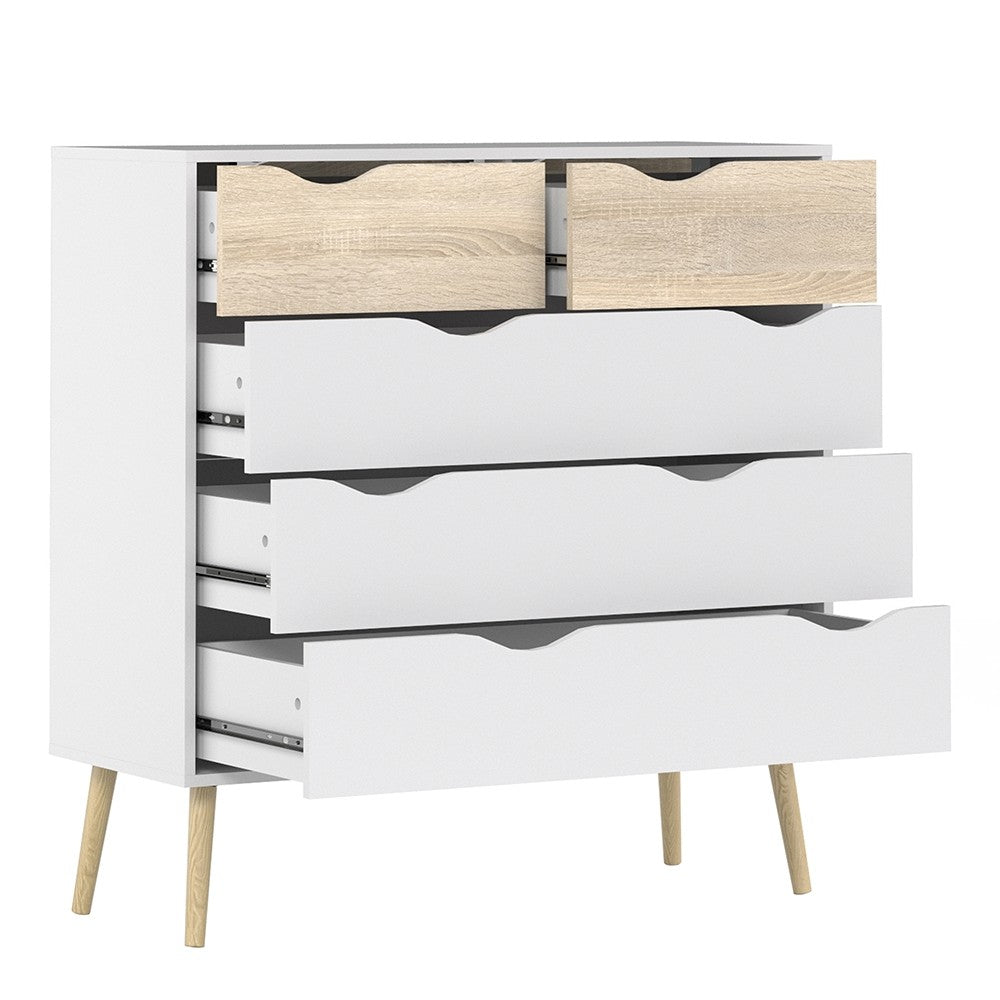 Copenhagen 5 Drawers (2+3) White and Oak Chest of Drawer - FurniComp