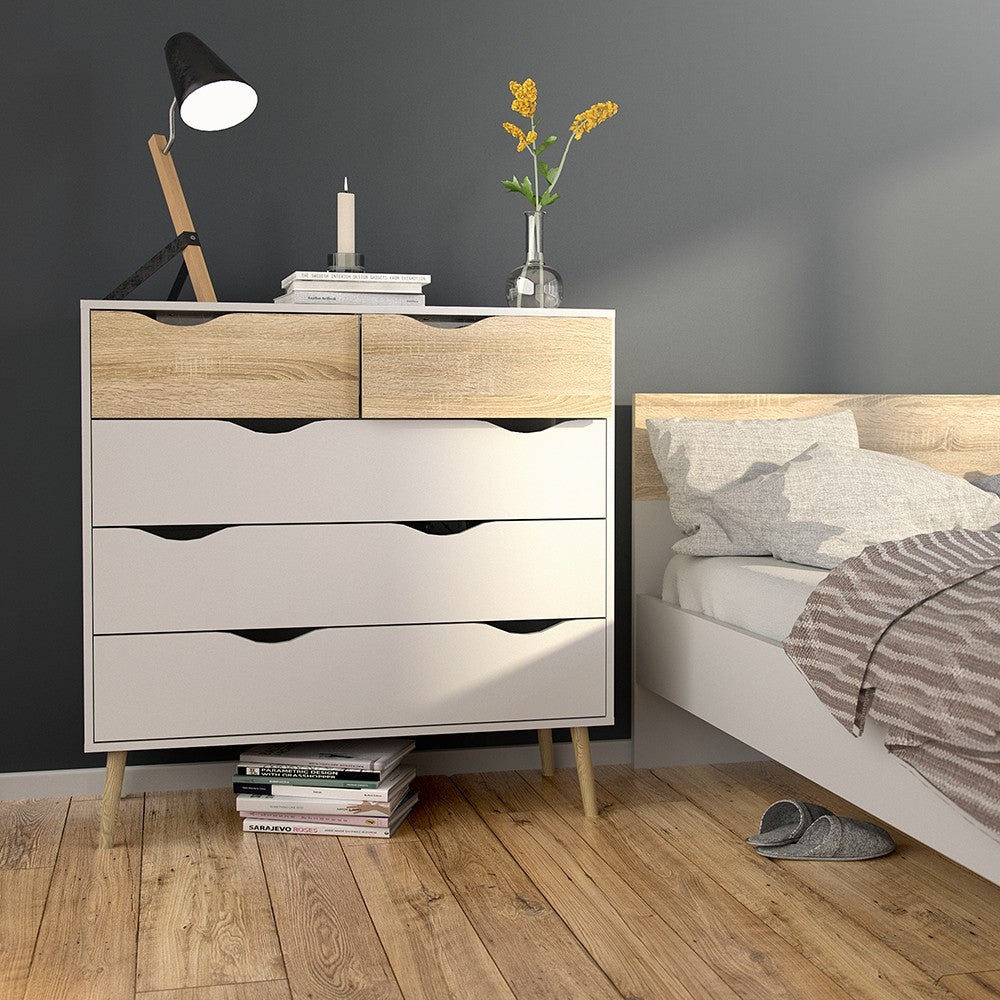 Copenhagen 5 Drawers (2+3) White and Oak Chest of Drawer - FurniComp