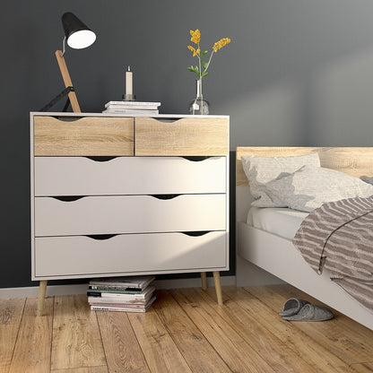 Copenhagen 5 Drawers (2+3) White and Oak Chest of Drawer - FurniComp