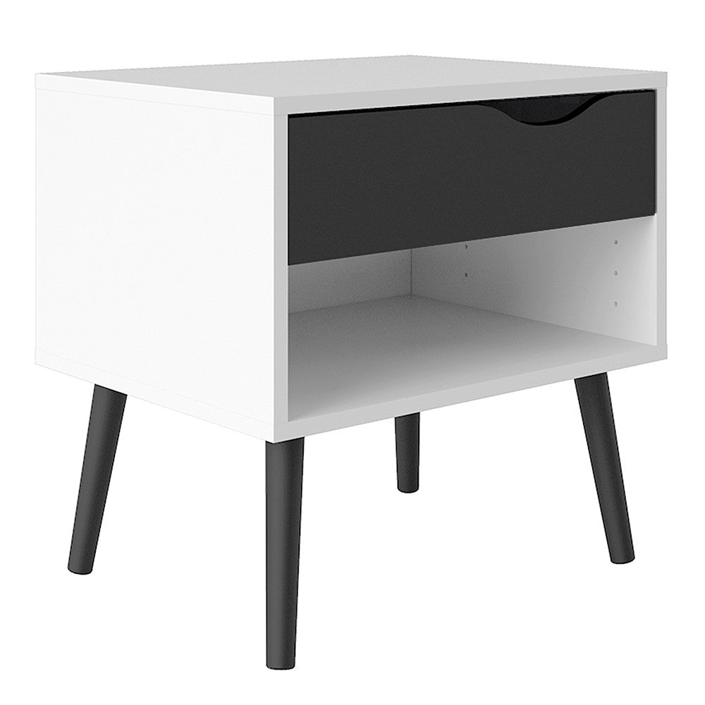 Copenhagen White and Matt Black 1 Drawer Bedside - FurniComp