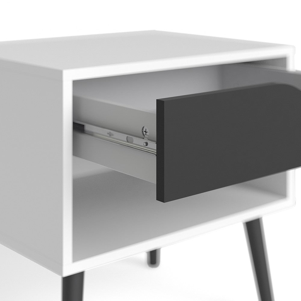 Copenhagen White and Matt Black 1 Drawer Bedside - FurniComp