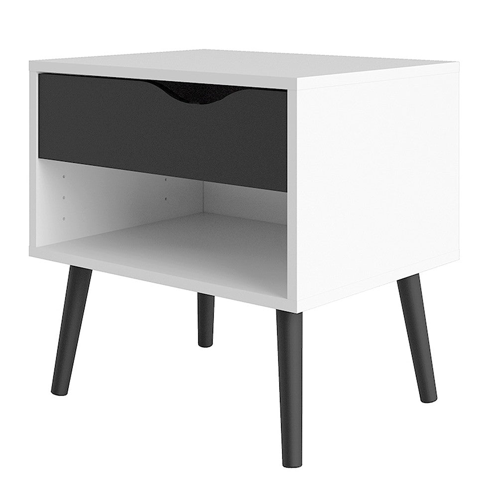Copenhagen White and Matt Black 1 Drawer Bedside - FurniComp