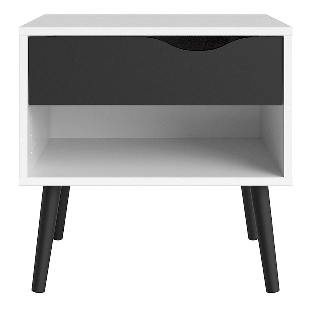 Copenhagen White and Matt Black 1 Drawer Bedside - FurniComp