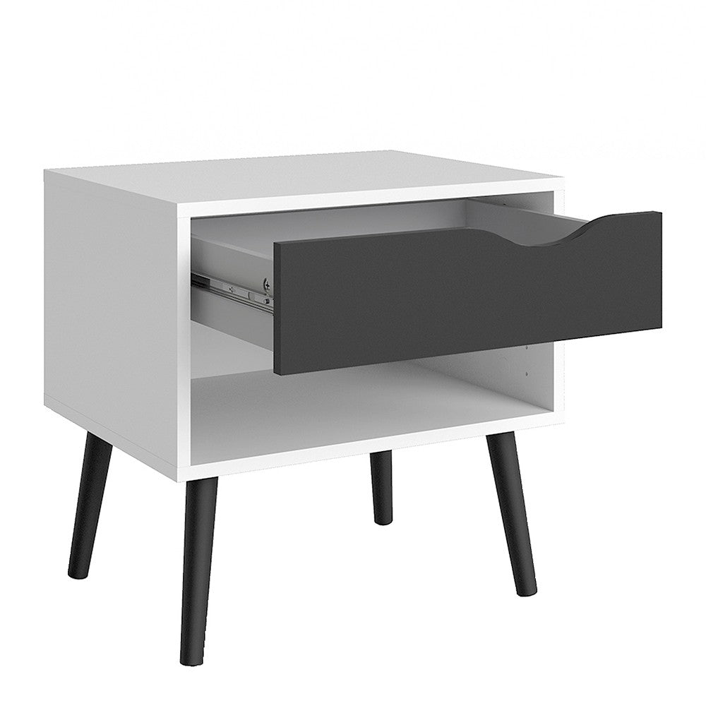 Copenhagen White and Matt Black 1 Drawer Bedside - FurniComp