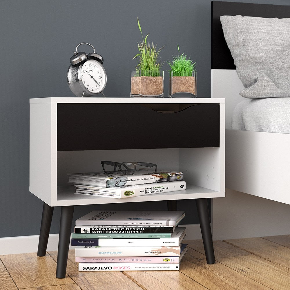 Copenhagen White and Matt Black 1 Drawer Bedside - FurniComp