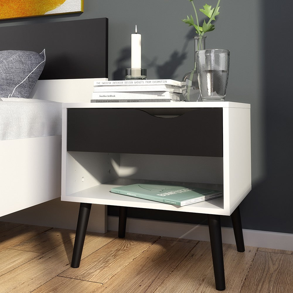 Copenhagen White and Matt Black 1 Drawer Bedside - FurniComp