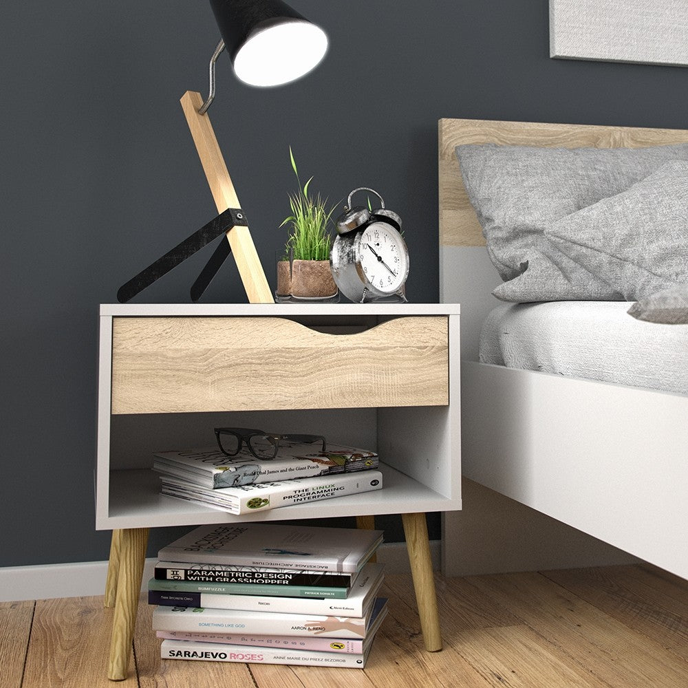 Copenhagen White and Oak 1 Drawer Bedside - FurniComp