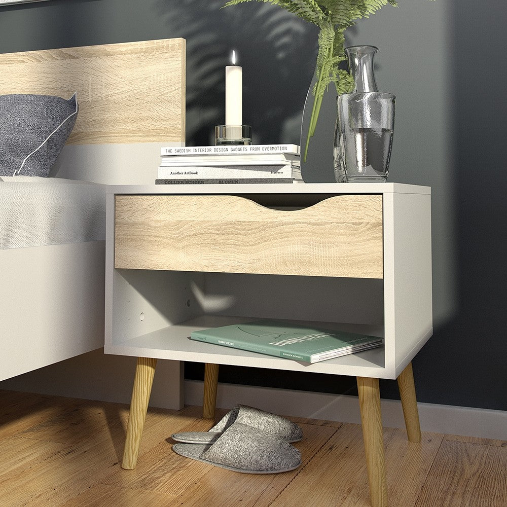 Copenhagen White and Oak 1 Drawer Bedside - FurniComp