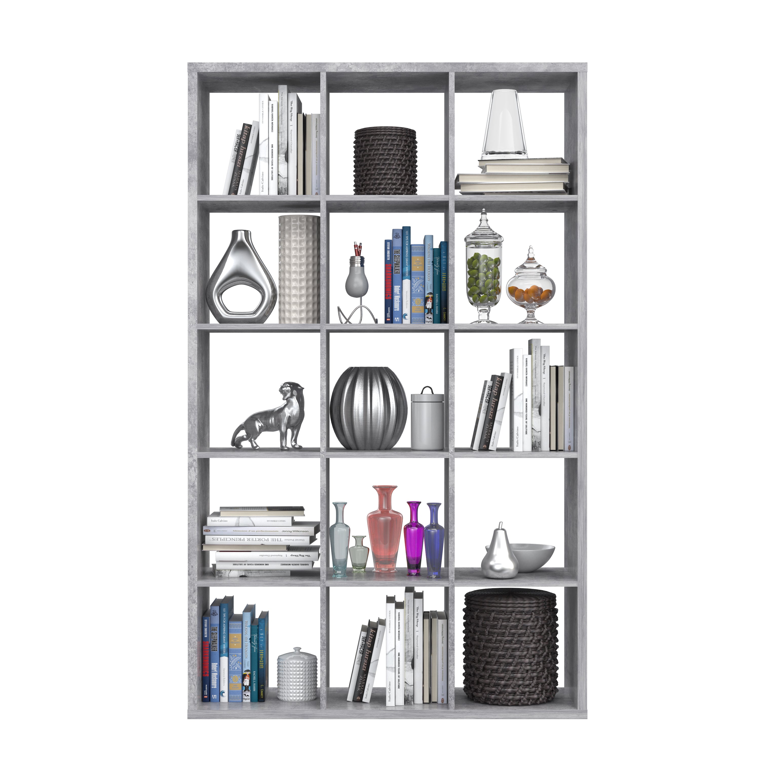 Cora 5 Tier Tall Wide Open Back Bookcase/Shelving Unit in Concrete Grey - FurniComp