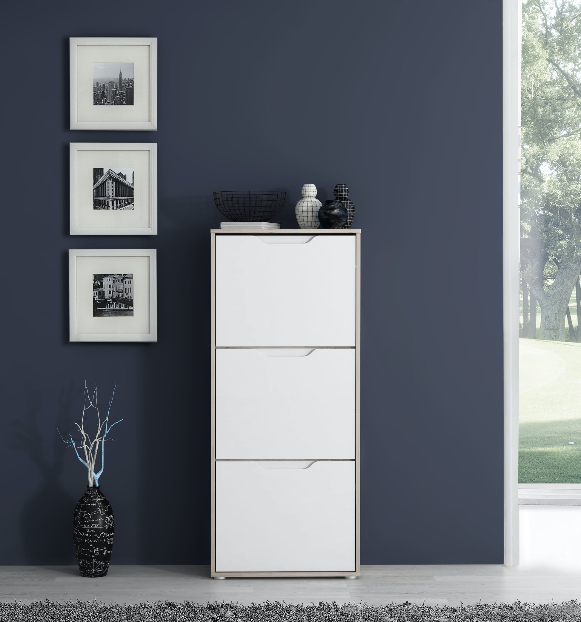 Ella 3 Drawer Small White Gloss and Oak Shoe Cabinet - FurniComp