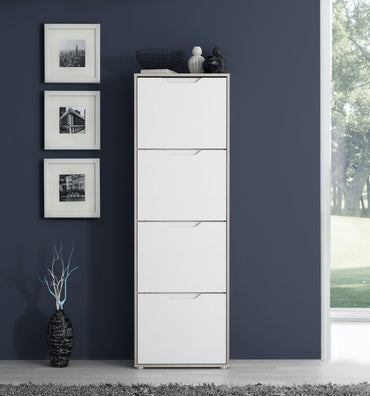 Ella 4 Drawer Tall Slim White Gloss and Oak Shoe Cabinet - FurniComp