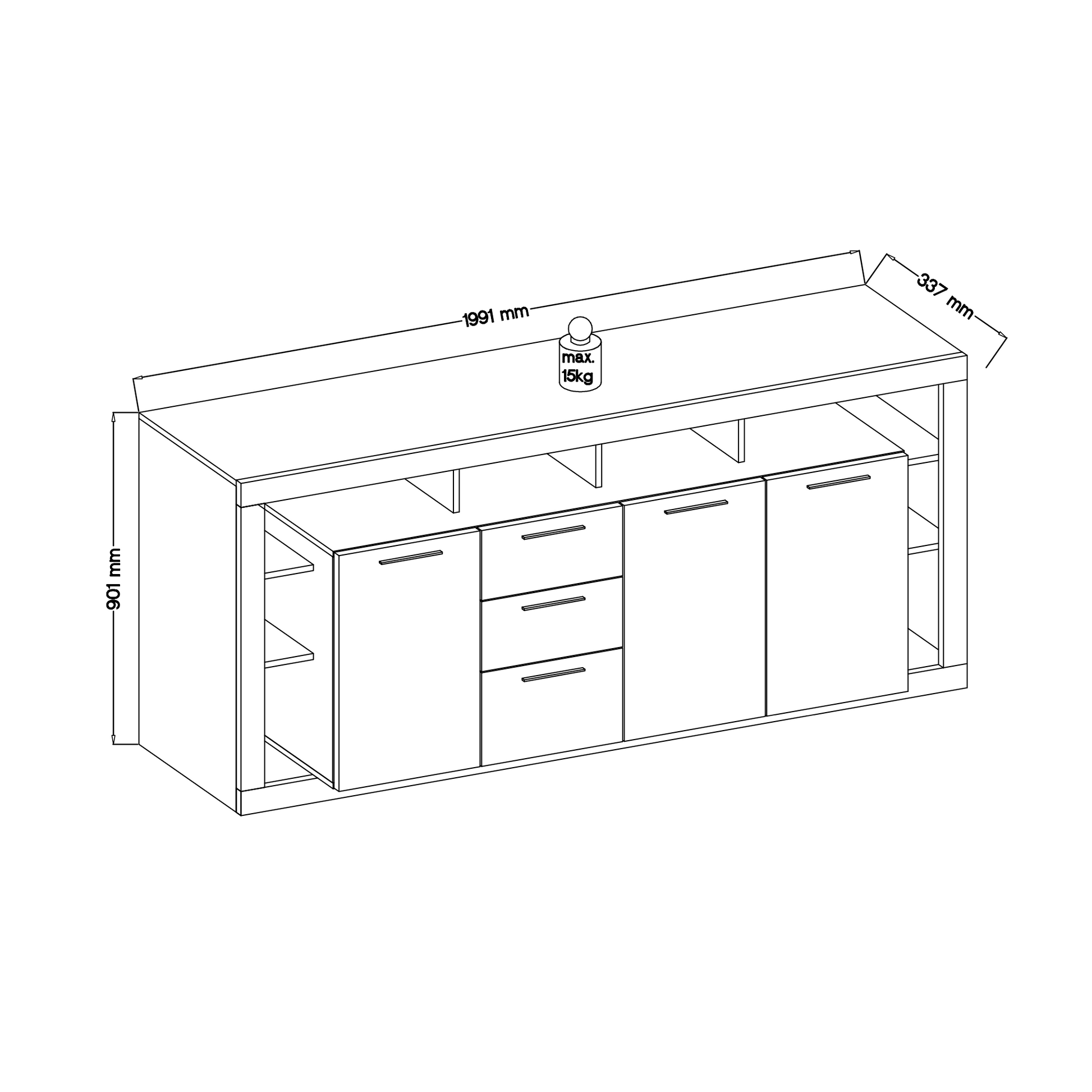 Emilia White Gloss and Oak 3 Door 3 Drawer Sideboard - FurniComp