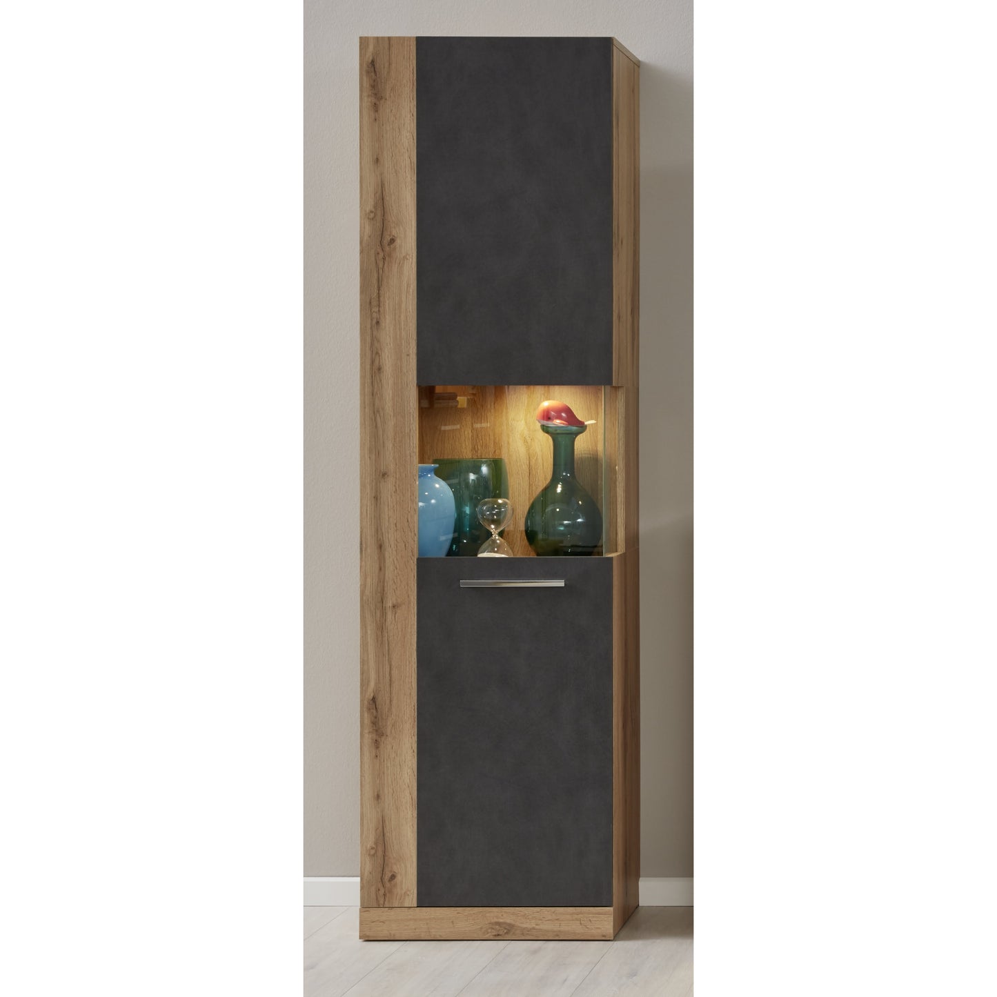 Emilia Grey Matera and Oak 1 Door Display Cabinet - FurniComp