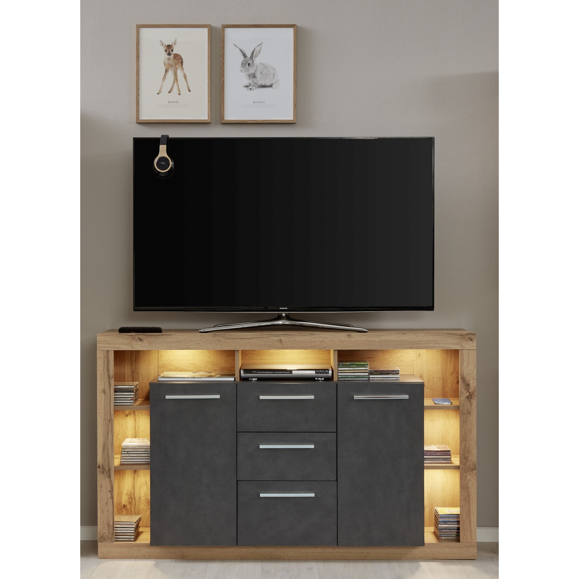 Emilia Grey Matera and Oak 2 Door 3 Drawer Sideboard - FurniComp