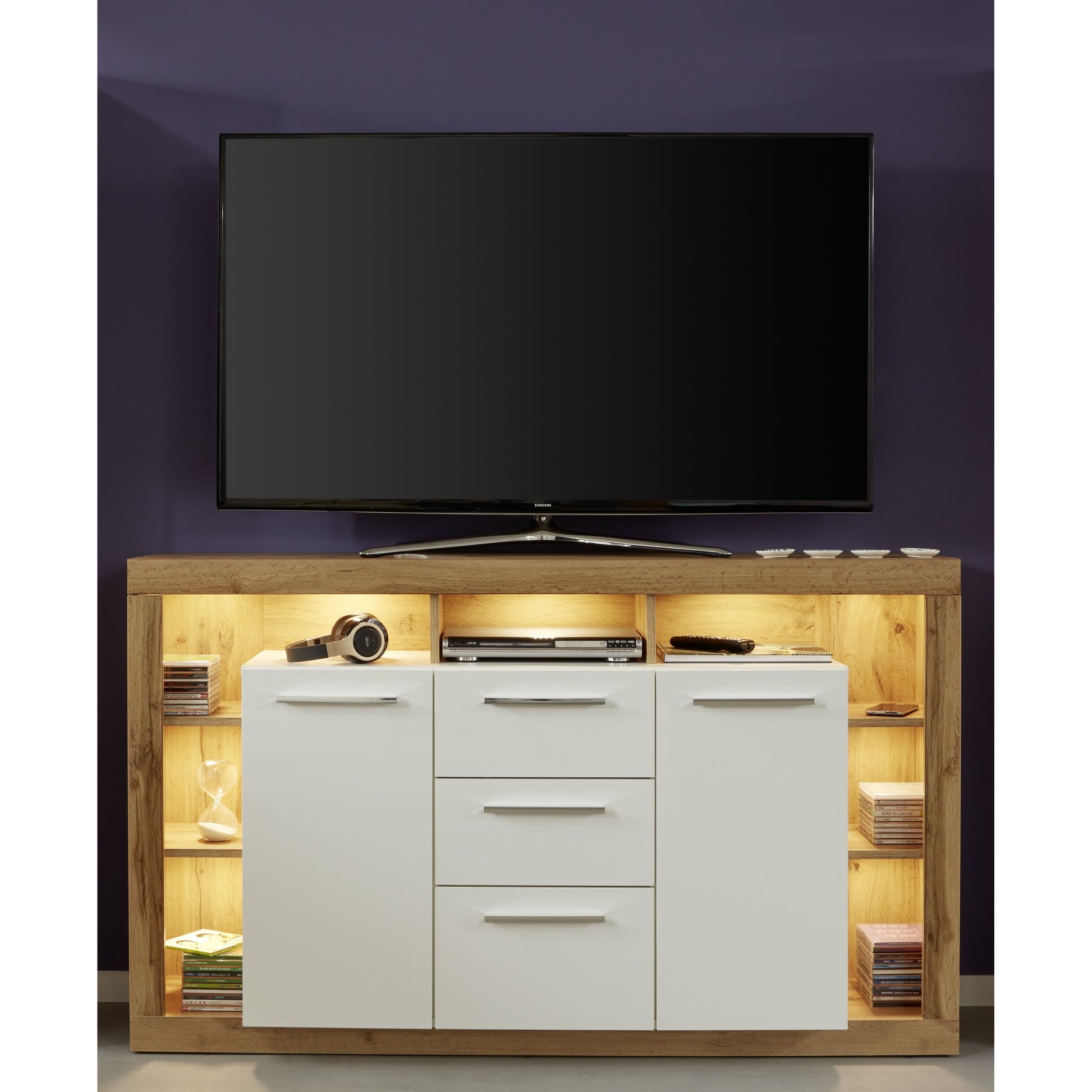 Emilia White Gloss and Oak 2 Door 3 Drawer Sideboard - FurniComp