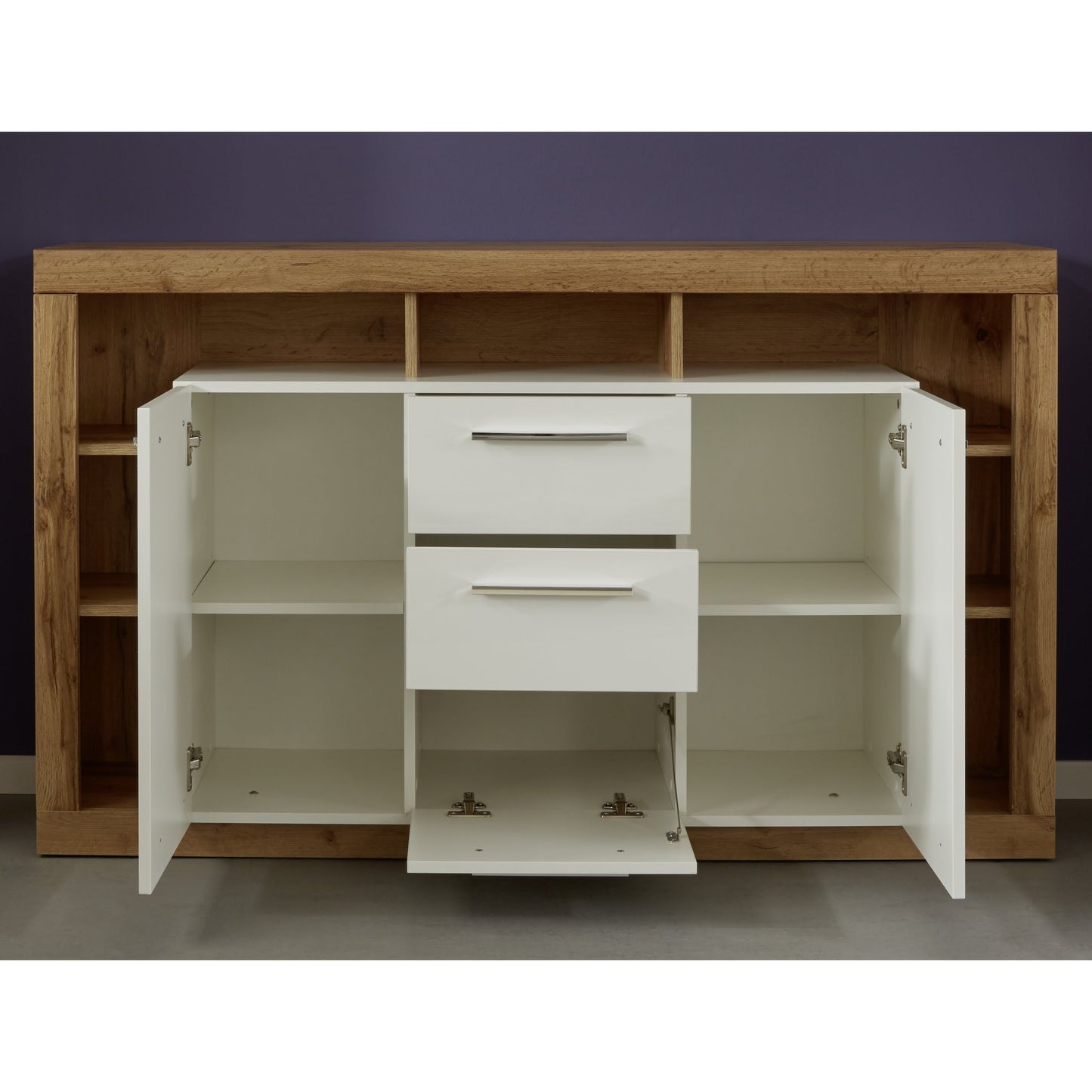 Emilia White Gloss and Oak 2 Door 3 Drawer Sideboard - FurniComp