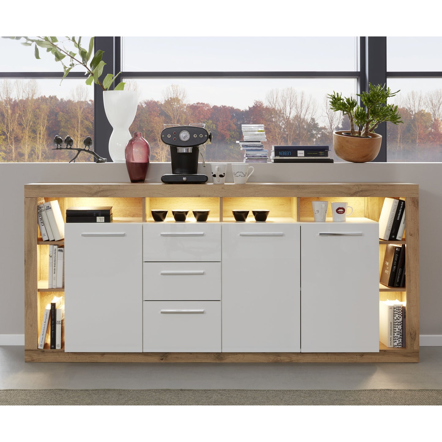 Emilia White Gloss and Oak 3 Door 3 Drawer Sideboard - FurniComp