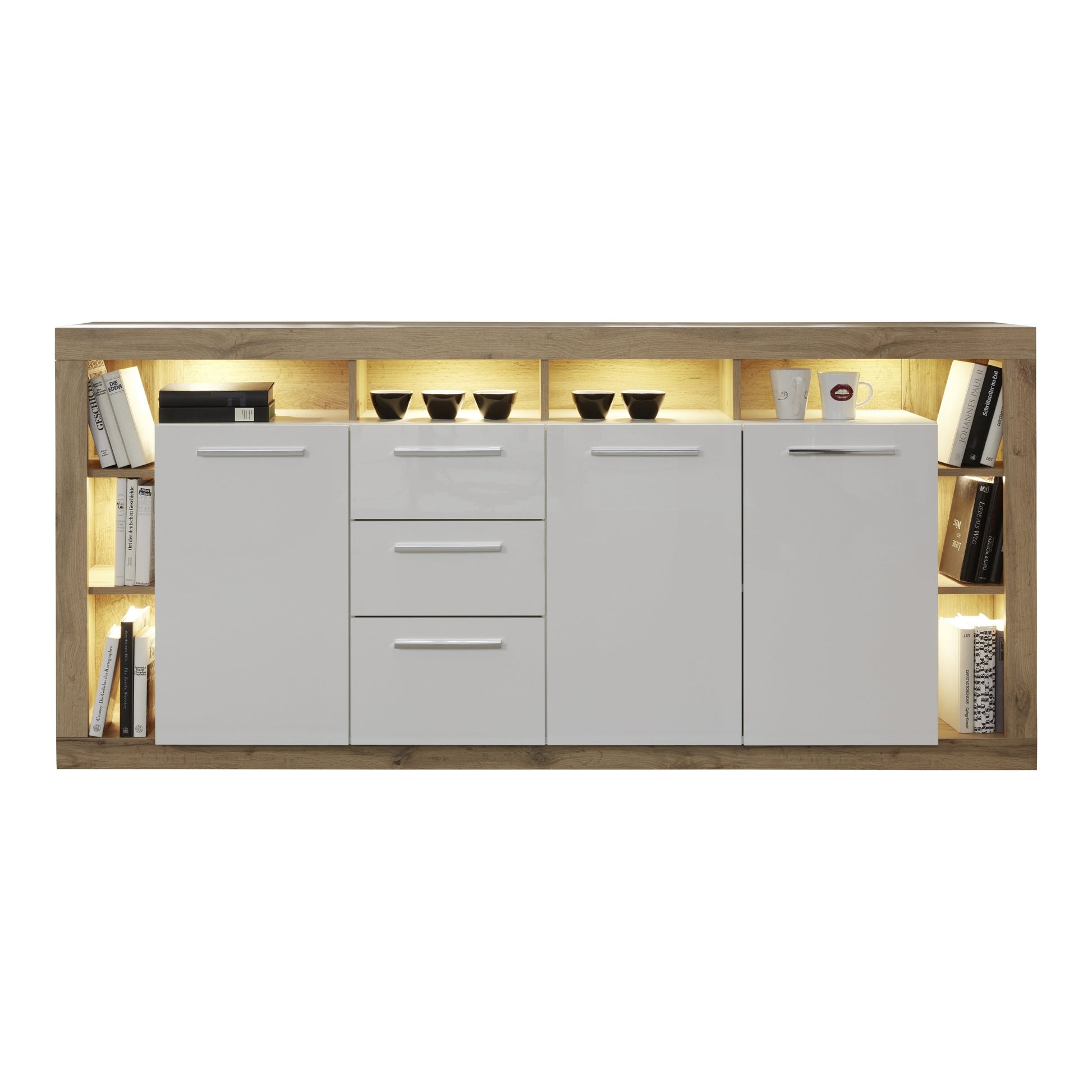 Emilia White Gloss and Oak 3 Door 3 Drawer Sideboard - FurniComp