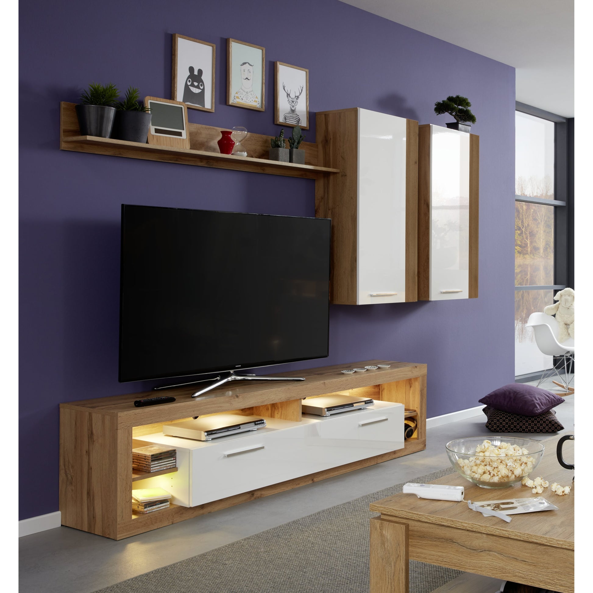 Emilia White Gloss and Oak TV Stand Up to 88 Inch - FurniComp