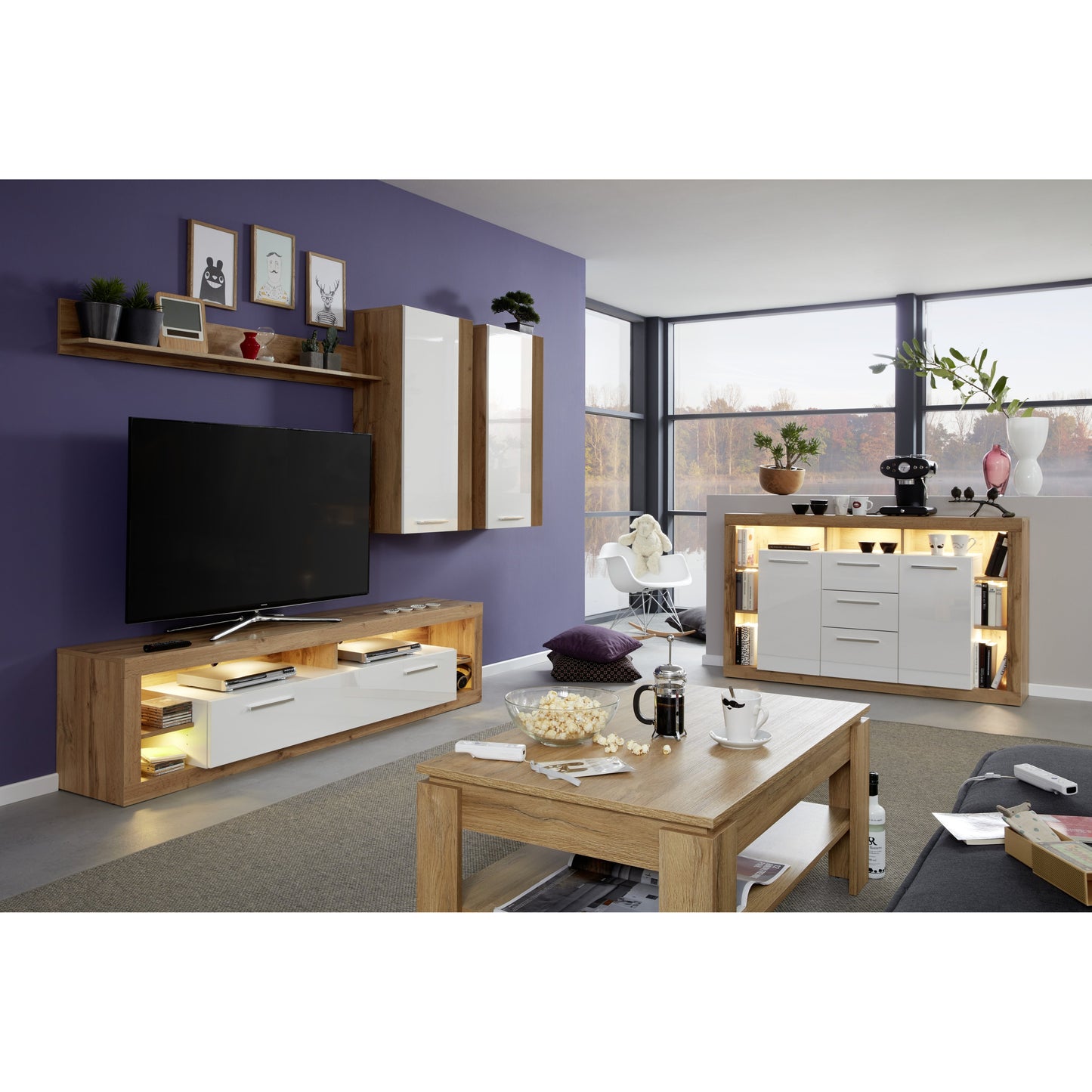 Emilia White Gloss and Oak TV Stand Up to 88 Inch - FurniComp