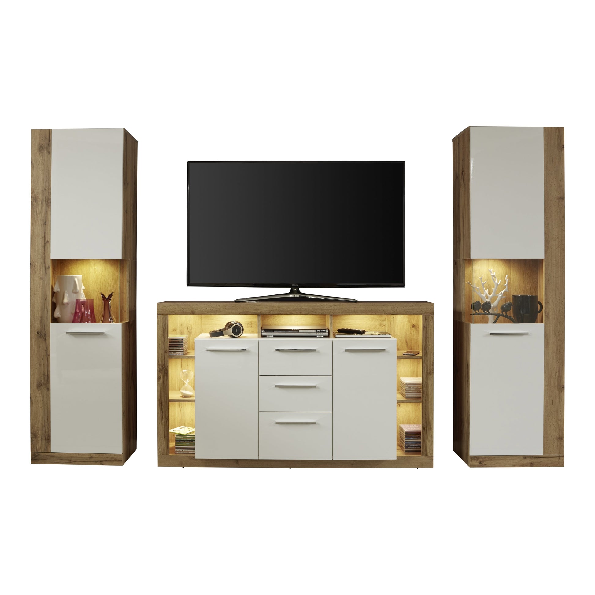 Emilia White Gloss and Oak 2 Door 3 Drawer Sideboard - FurniComp