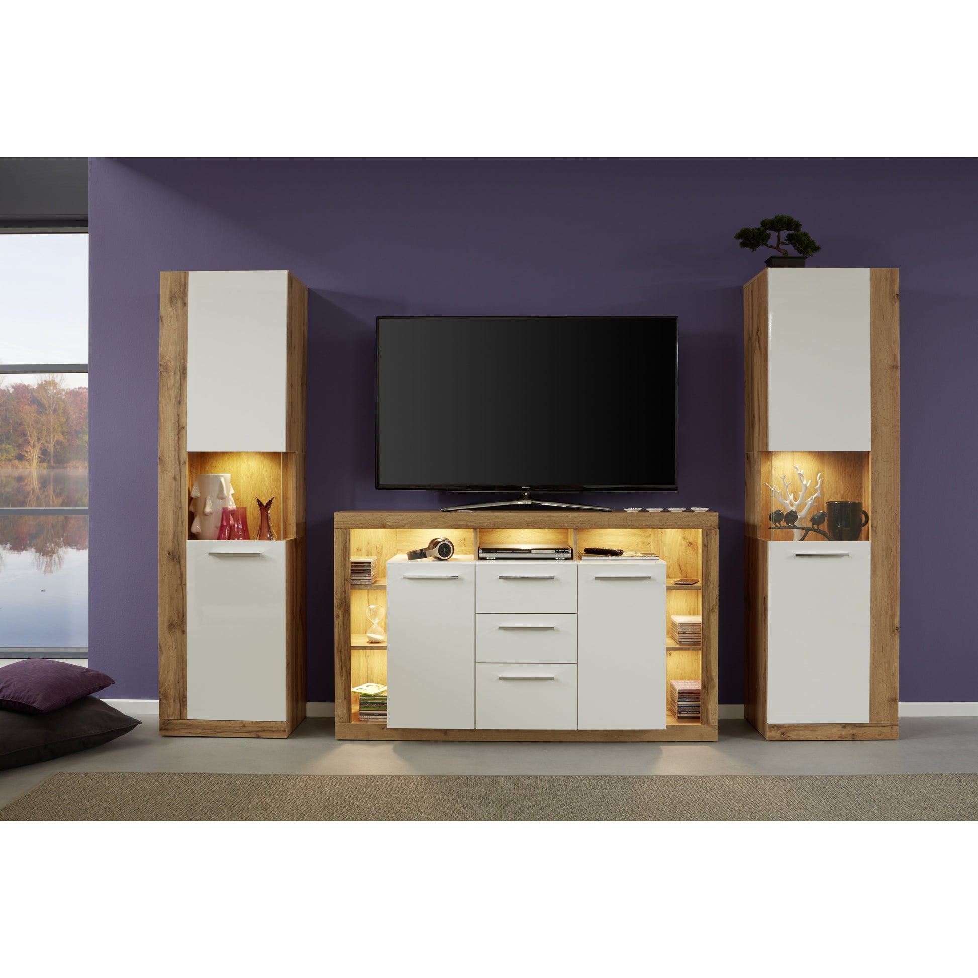 Emilia White Gloss and Oak 2 Door 3 Drawer Sideboard - FurniComp