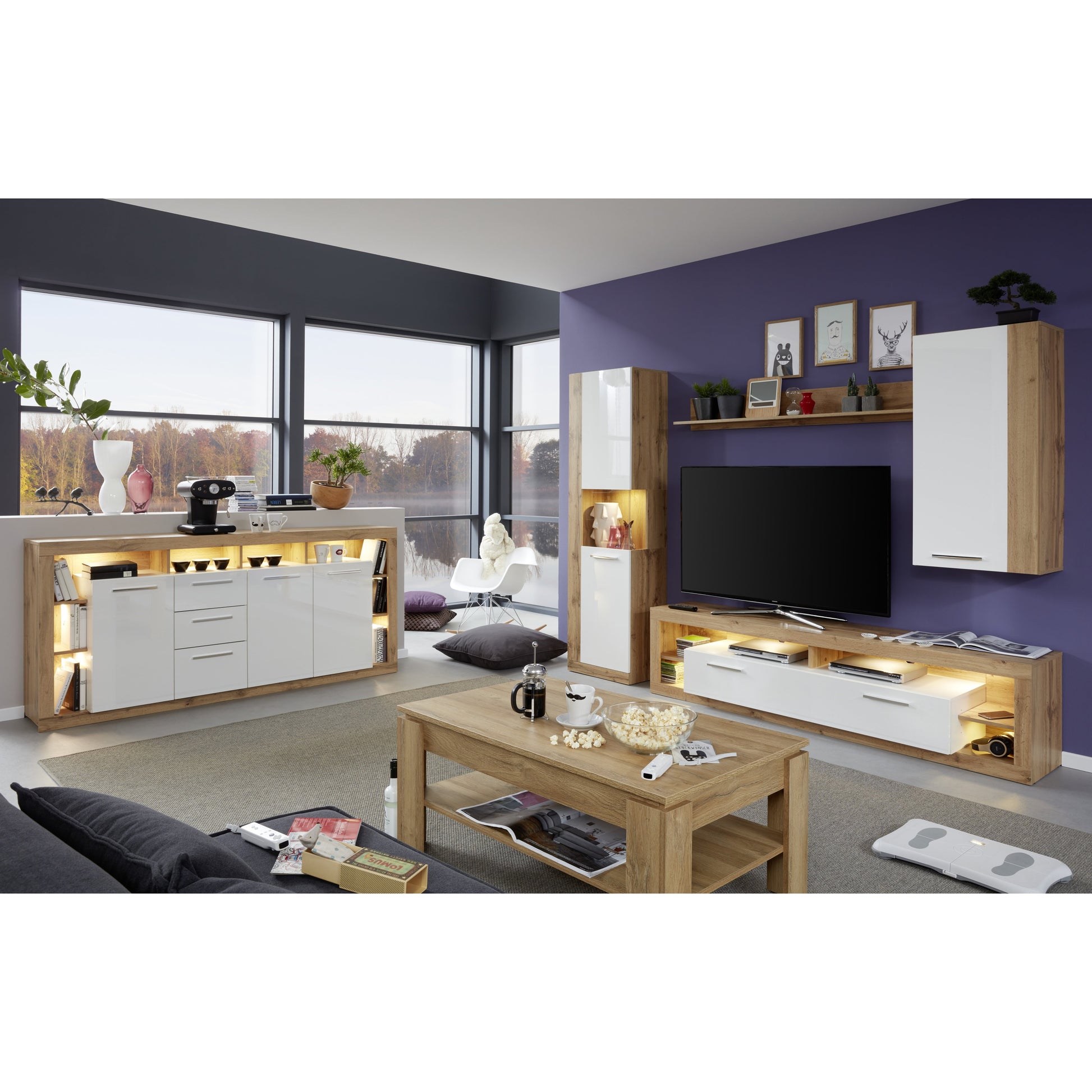 Emilia White Gloss and Oak TV Stand Up to 88 Inch - FurniComp