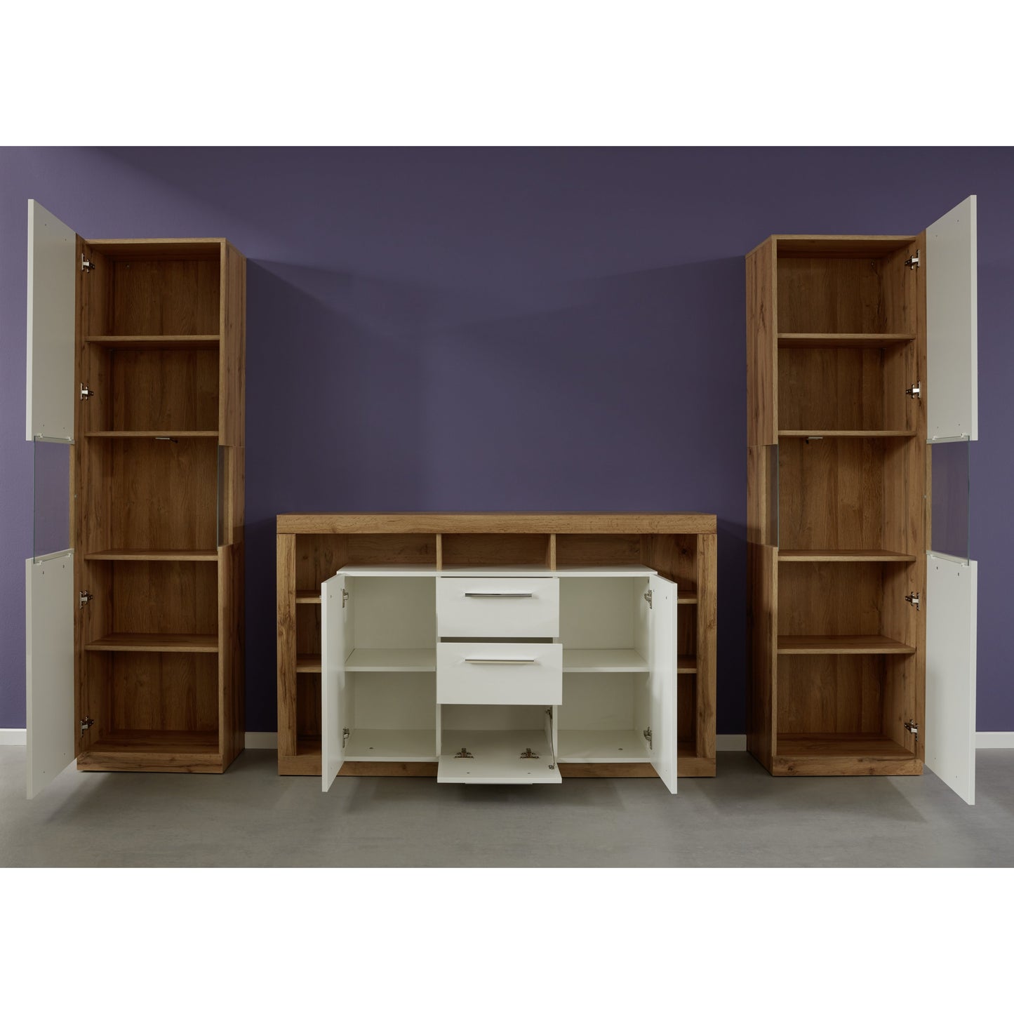 Emilia White Gloss and Oak 2 Door 3 Drawer Sideboard - FurniComp