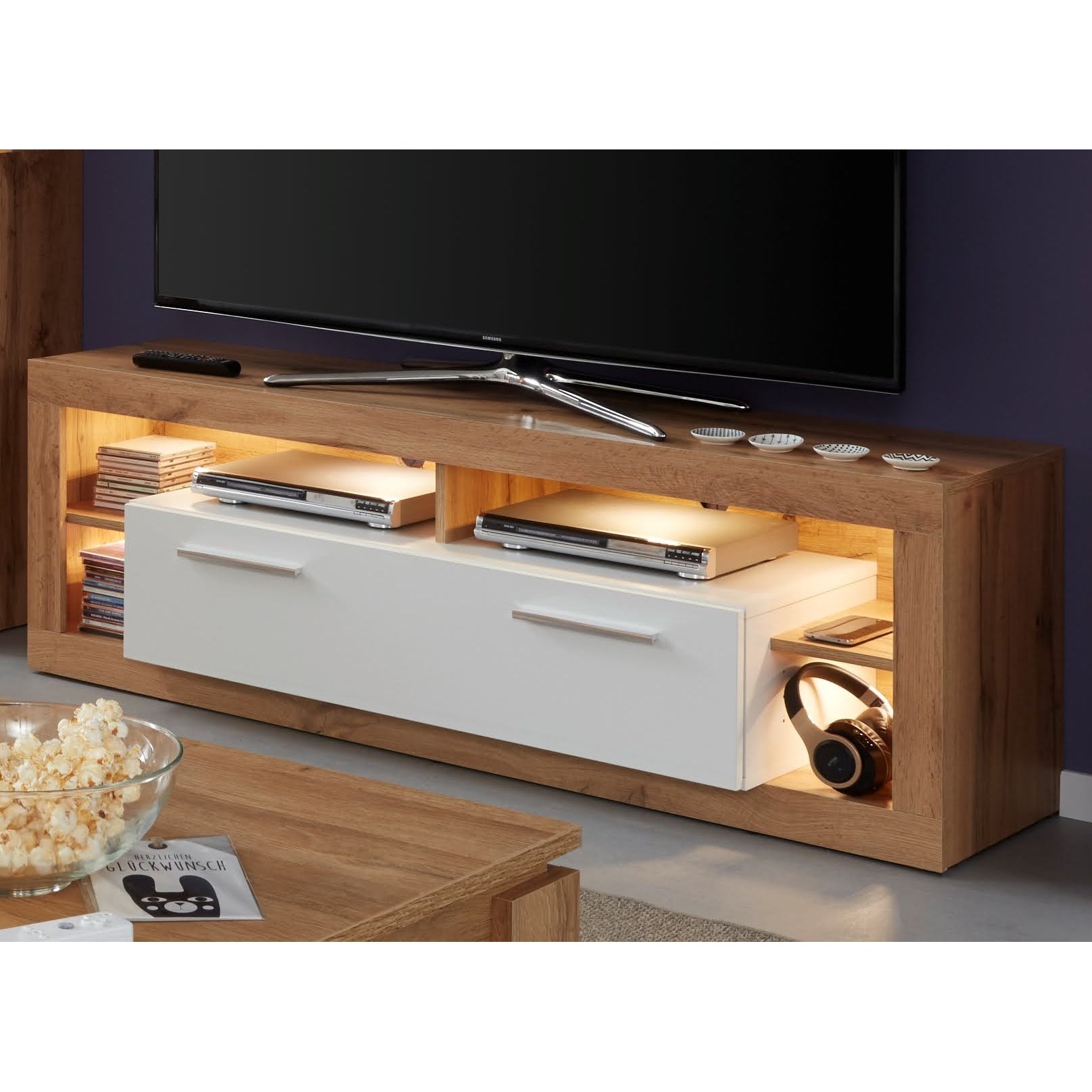 Emilia White Gloss and Oak TV Stand Up to 65 Inch - FurniComp