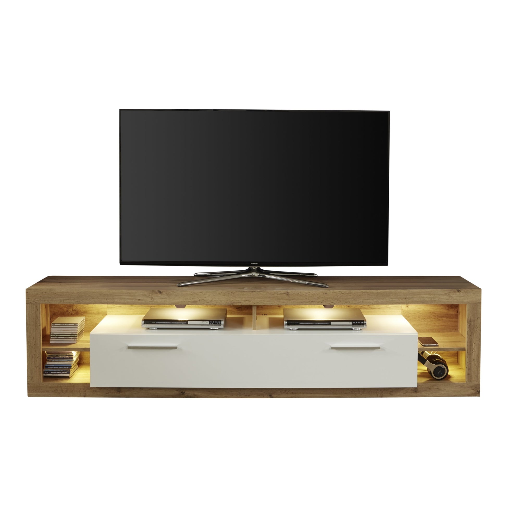 Emilia White Gloss and Oak TV Stand Up to 88 Inch - FurniComp