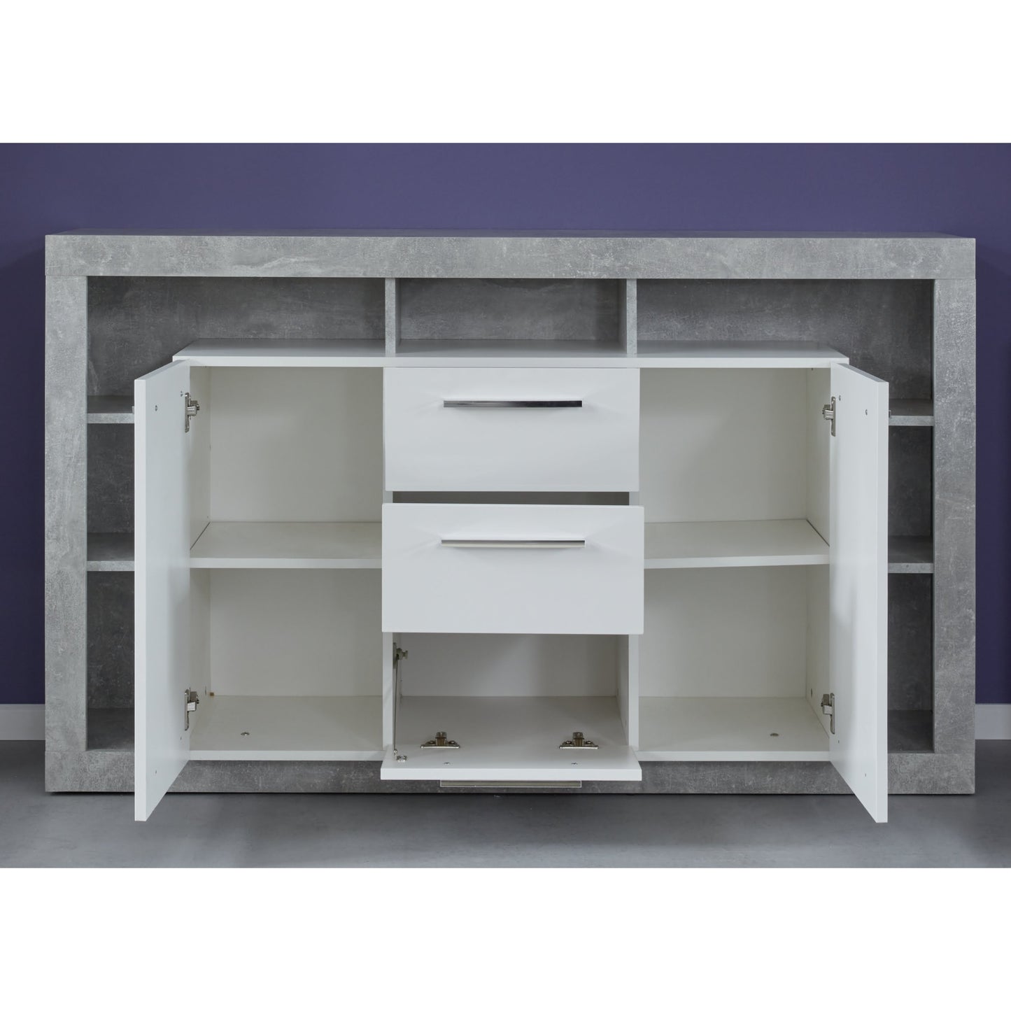 Emilia White Gloss and Stone Grey 2 Door 3 Drawer Sideboard - FurniComp