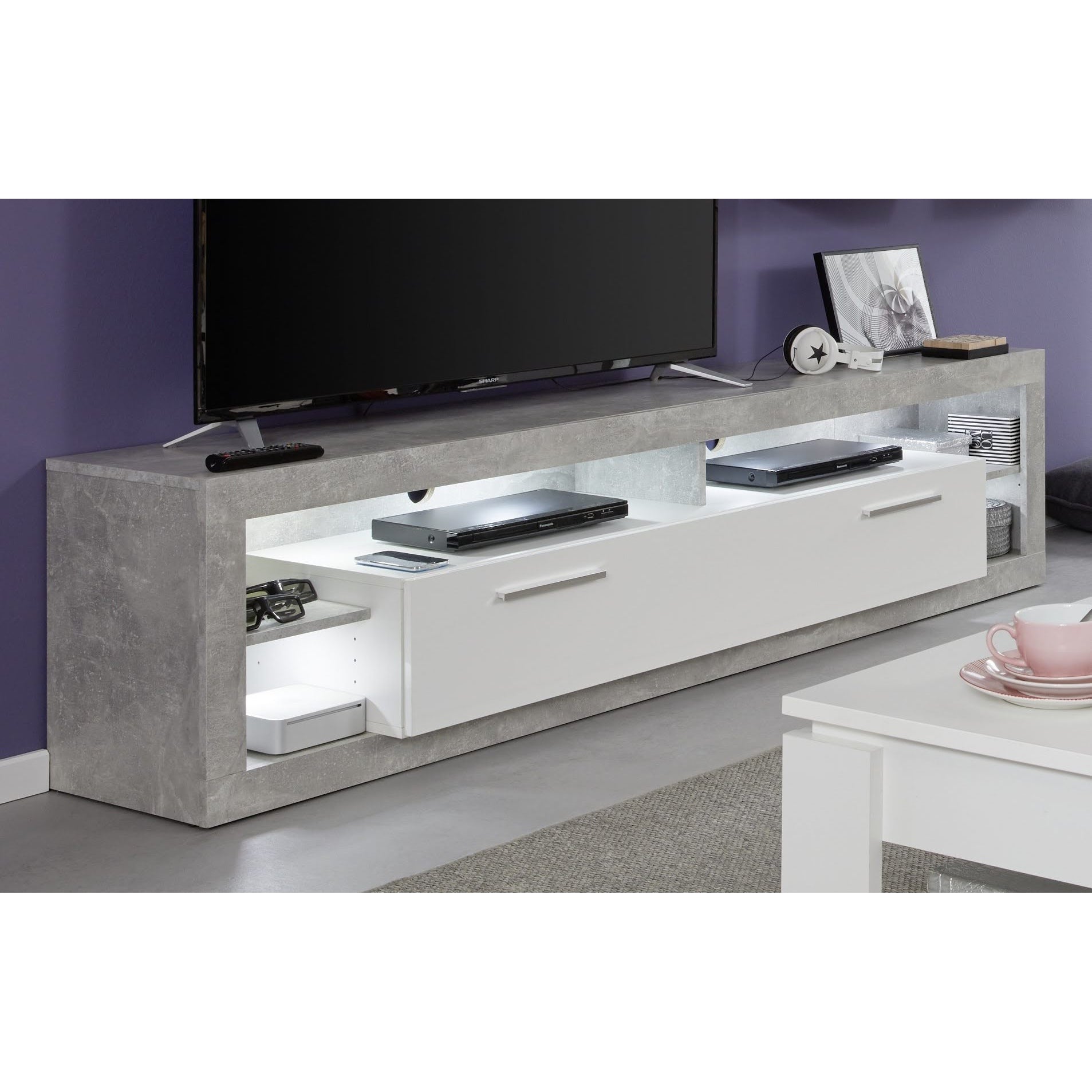 Emilia White Gloss and Stone Grey TV Stand Up to 88 Inch - FurniComp