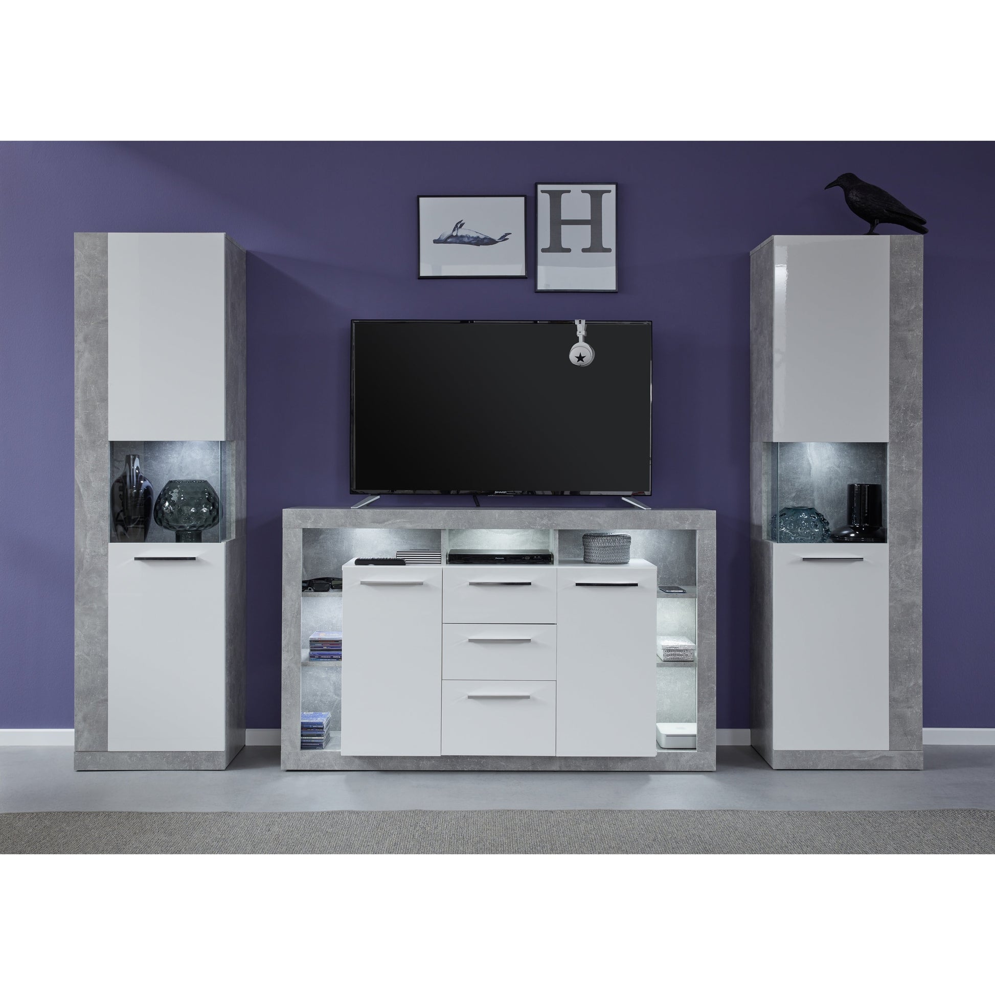 Emilia White Gloss and Stone Grey 2 Door 3 Drawer Sideboard - FurniComp