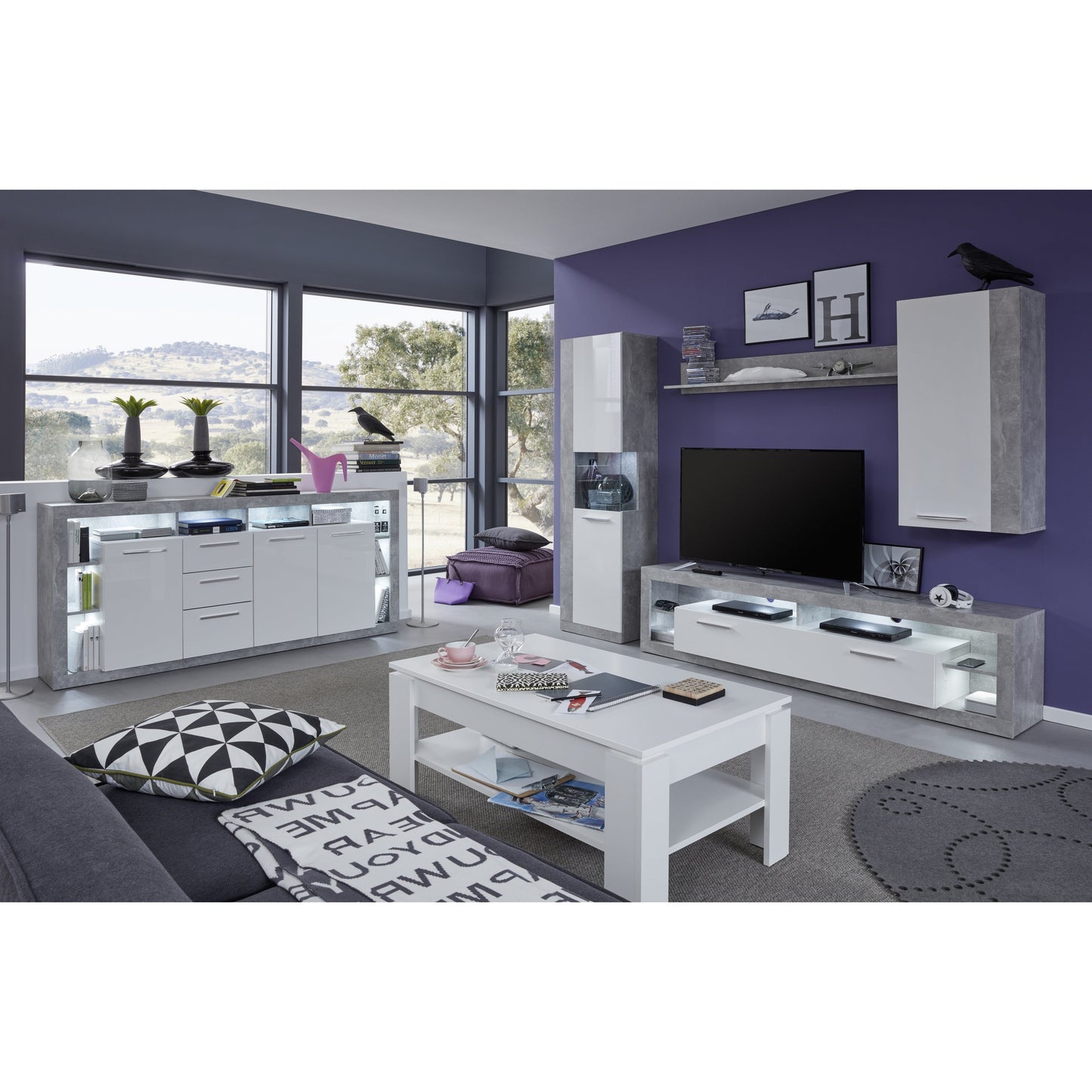 Emilia White Gloss and Stone Grey TV Stand Up to 88 Inch - FurniComp