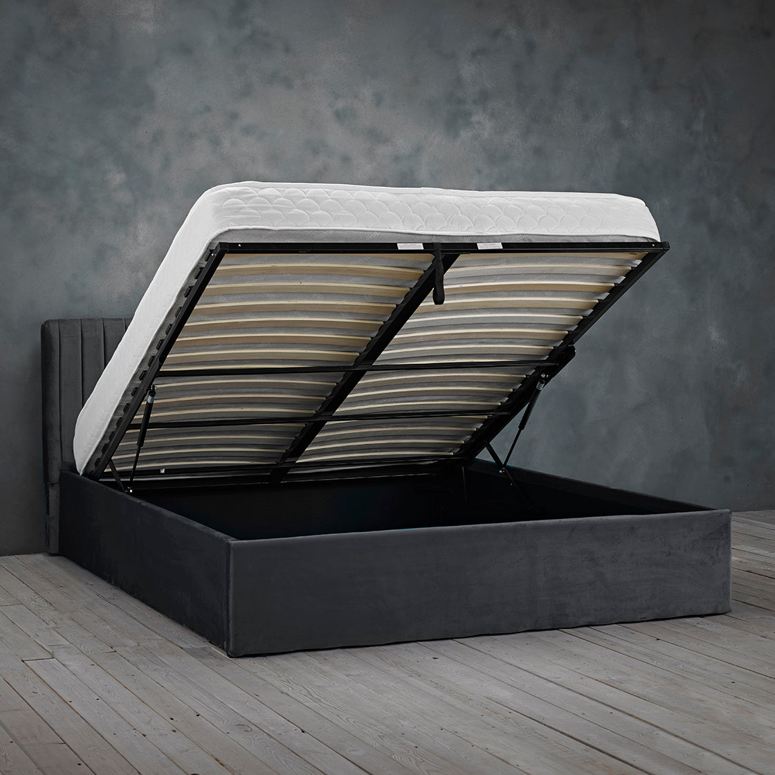 Essen Silver Velvet Ottoman Lift Up Storage Bed - FurniComp