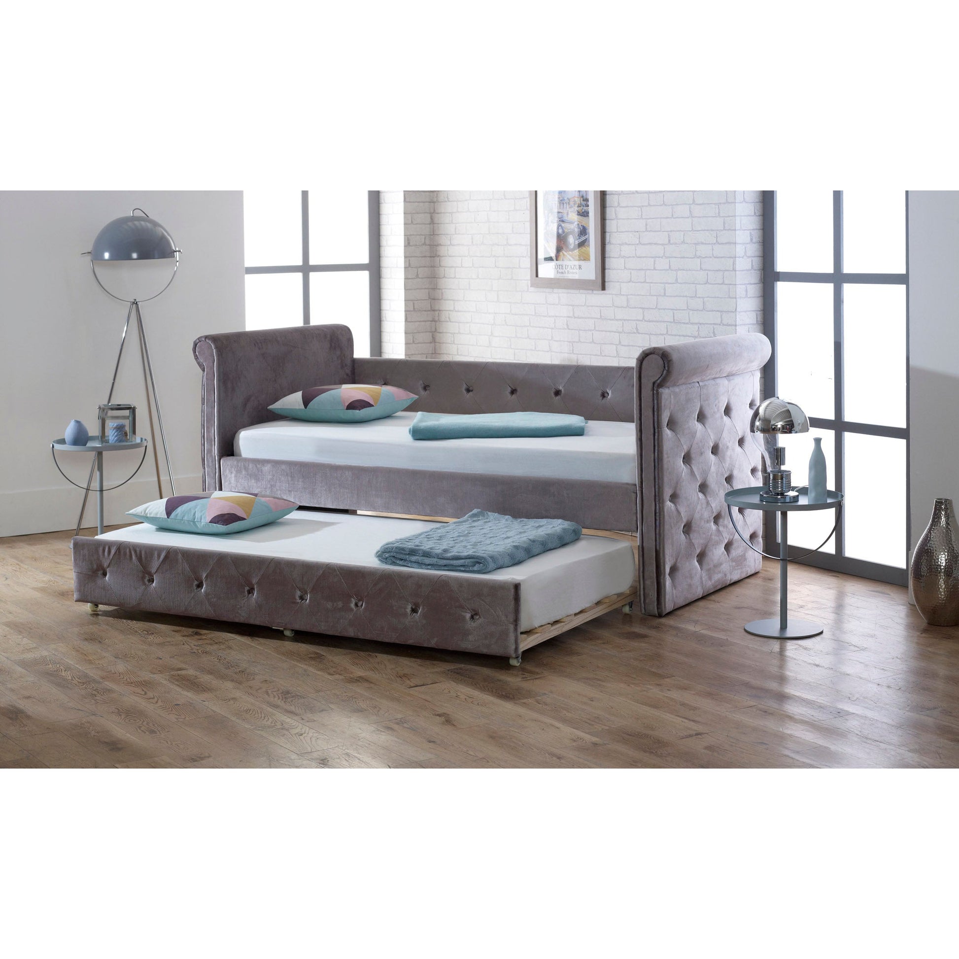 Fortis Silver Velvet Daybed with Trundle - FurniComp