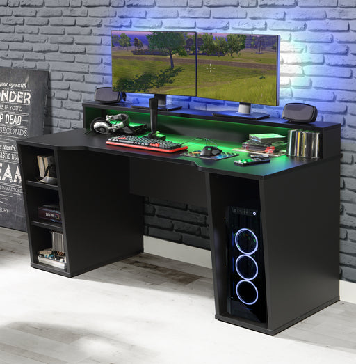 GAMMA Black Gaming Desk with LED Lighting, Shelves & Hutch - FurniComp
