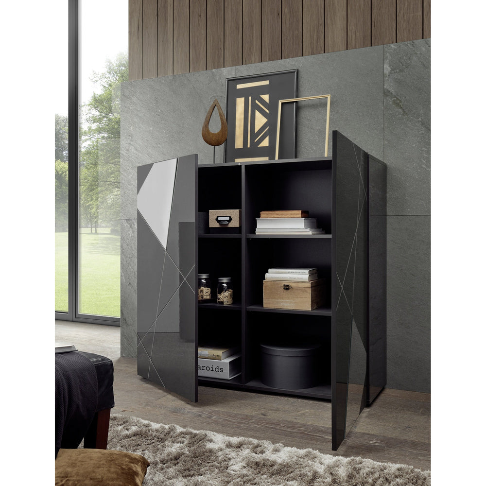 Giulia 2 Door Grey Gloss Tall Sideboard/Highboard with Mirrors - FurniComp