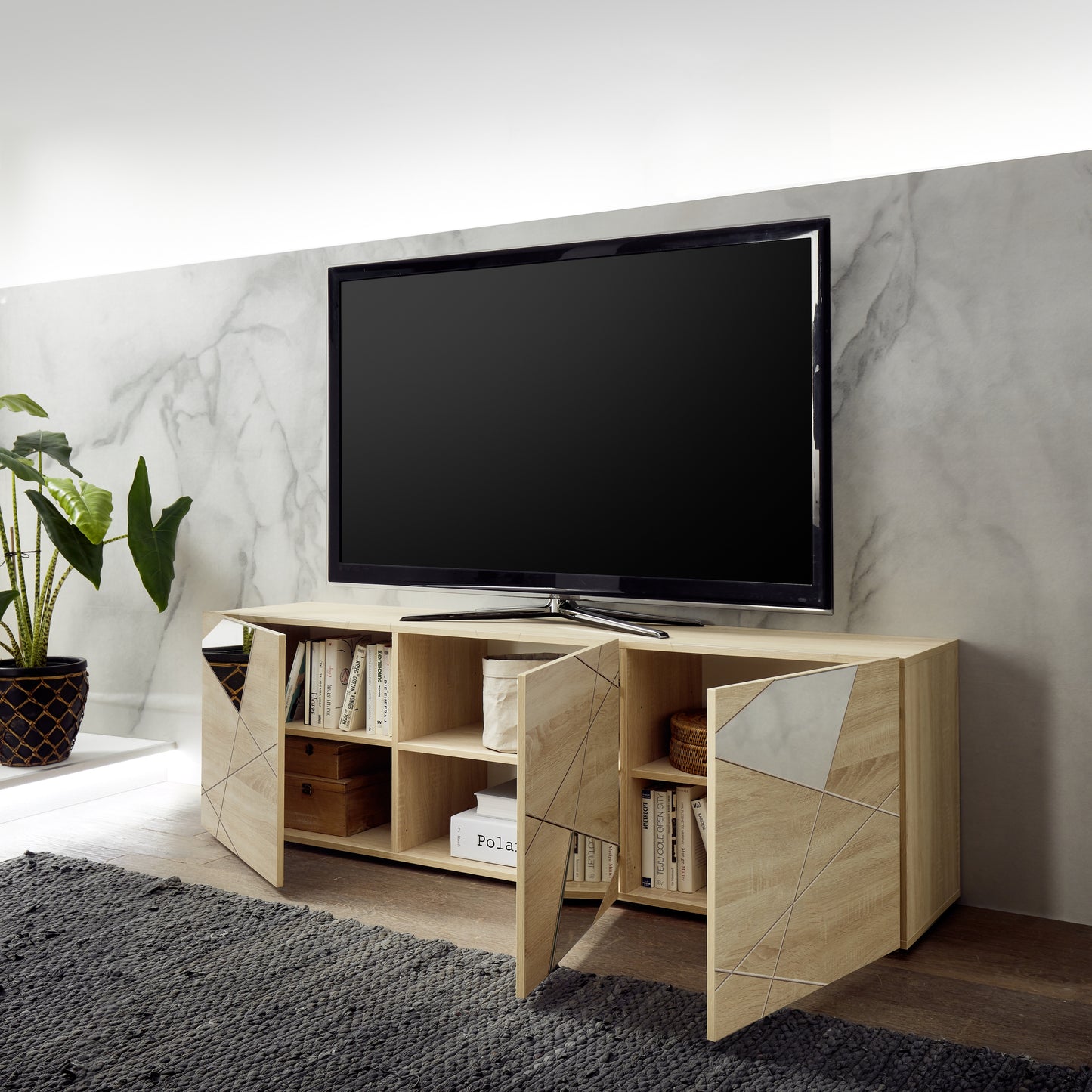 Giulia 3 Door Samoa Oak TV Unit with Mirrors - FurniComp