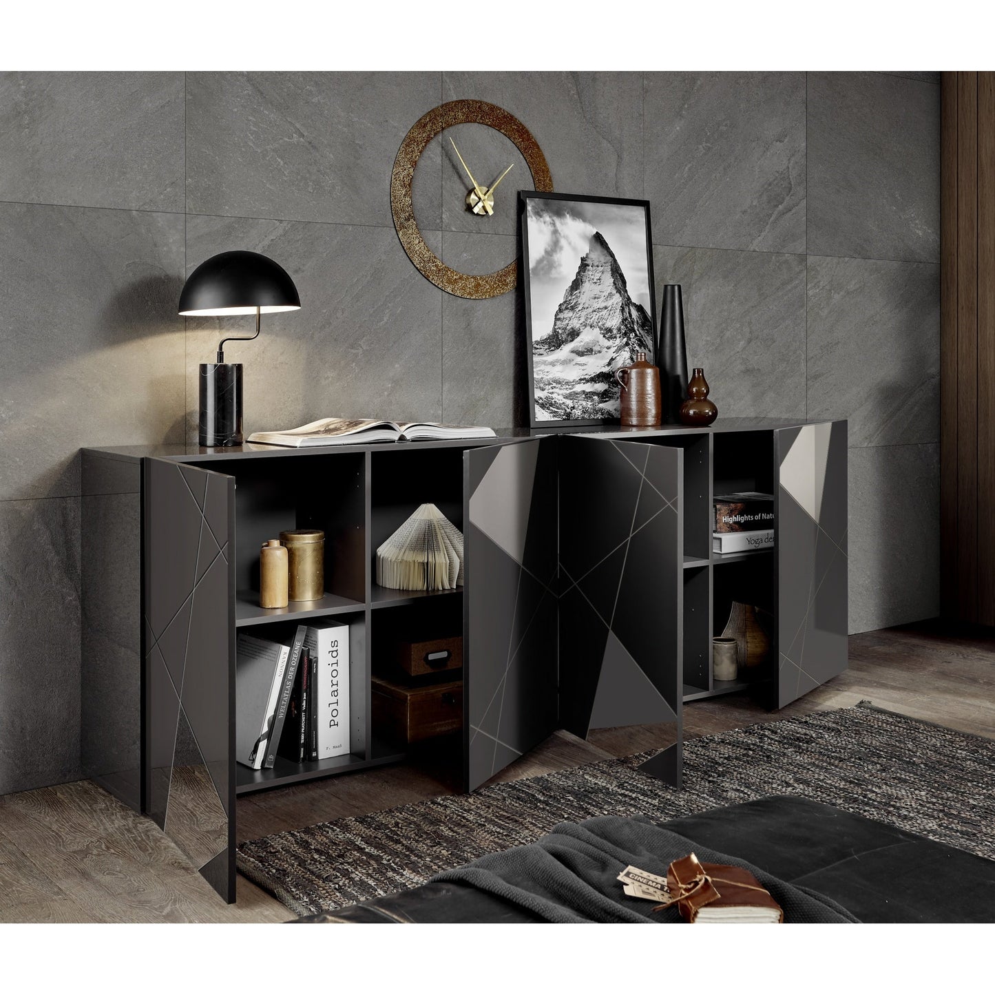 Giulia 4 Door Grey Gloss Sideboard with Mirrors - FurniComp