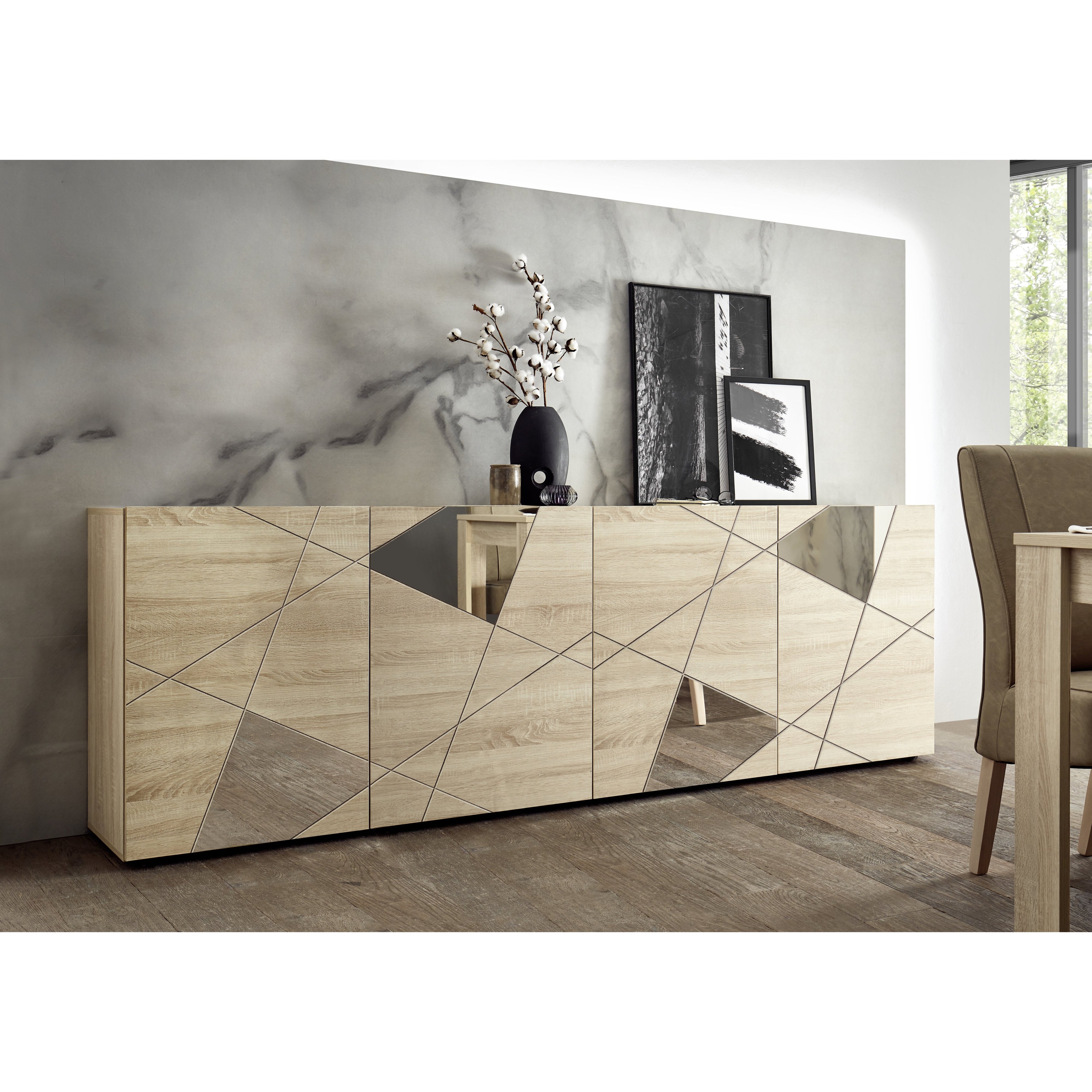 Giulia 4 Door Oak Sideboard with Mirrors - FurniComp