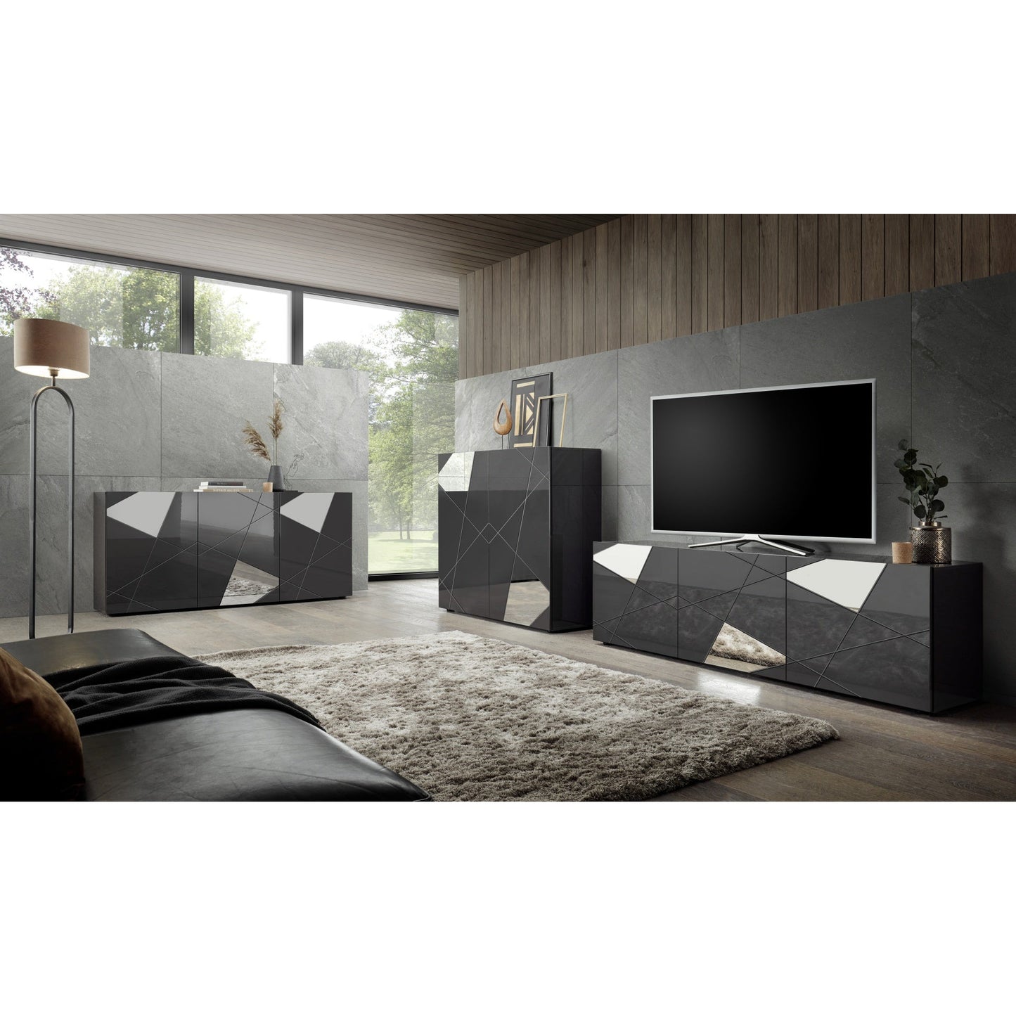 Giulia 4 Door Grey Gloss Sideboard with Mirrors - FurniComp